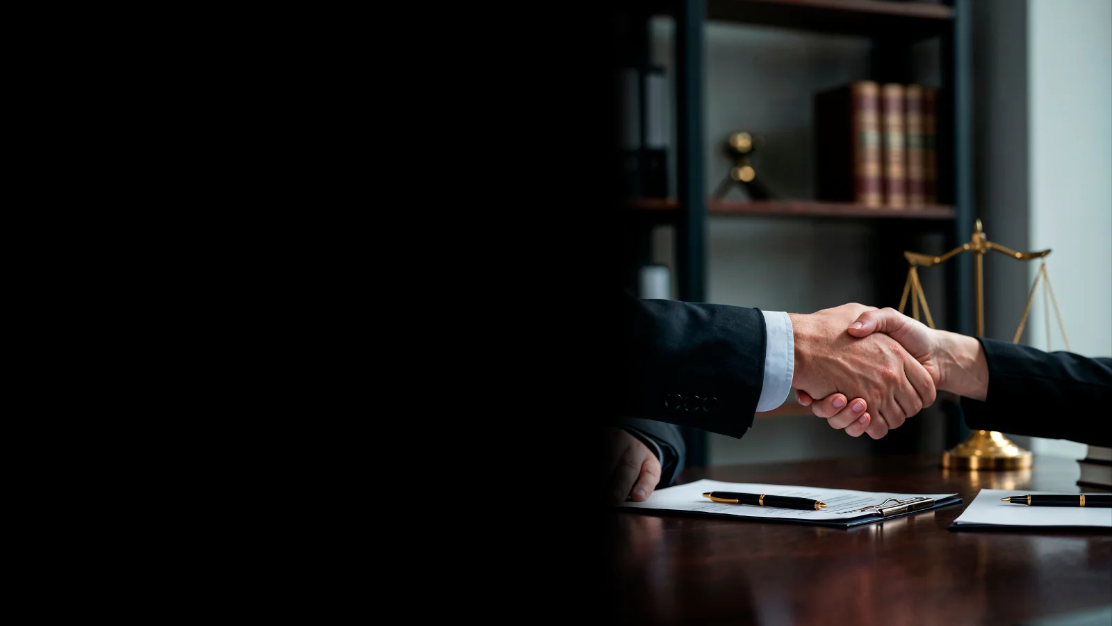 Ambiente jurídico corporativo com aperto de mãos